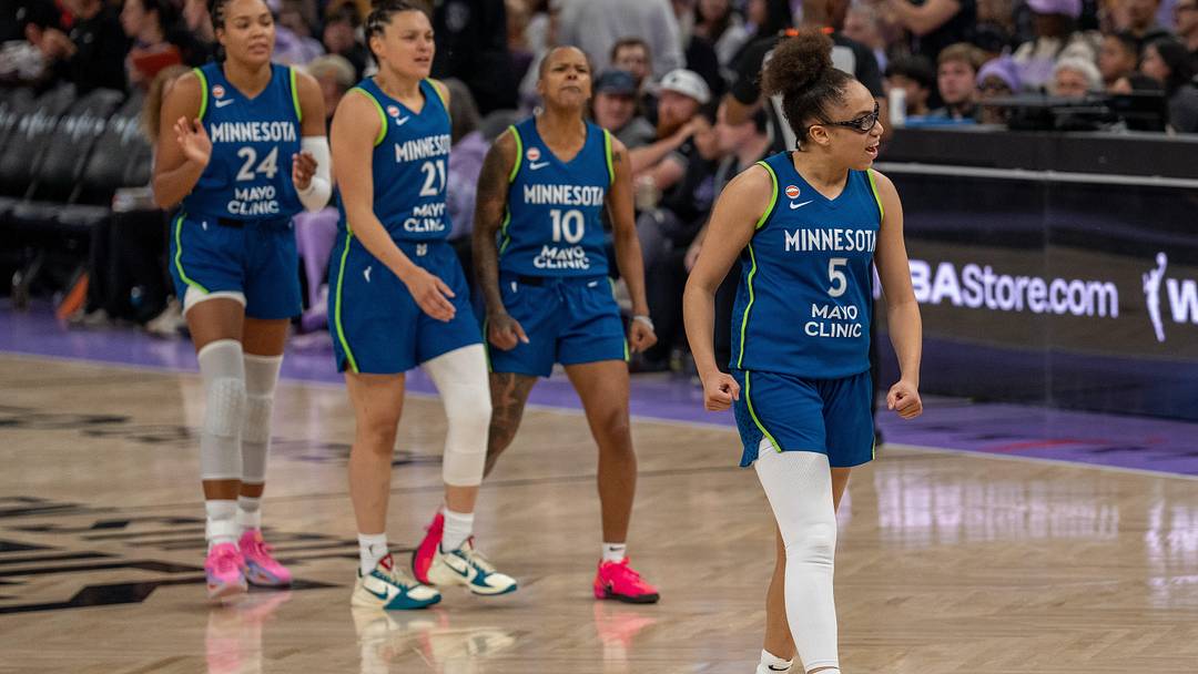 Aug 19, 2026; San Francisco, California, USA; Minnesota Lynx guard Olivia Miles (5) celebrates after the basket against the Golden State Valkyries during the third quarter at Chase Center. Mandatory Credit: Neville E. Guard-Imagn Images