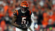 Cincinnati Bengals wide receiver Tee Higgins (5) reacts after completing a catch in the fourth quarter during a Week 9 NFL football game between the Buffalo Bills and the Cincinnati Bengals, Sunday, Nov. 5, 2023, at Paycor Stadium in Cincinnati.