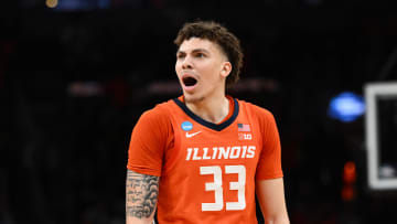 Mar 28, 2024; Boston, MA, USA; Illinois Fighting Illini forward Coleman Hawkins (33) reacts against the Iowa State Cyclones in the semifinals of the East Regional of the 2024 NCAA Tournament at TD Garden. Mandatory Credit: Brian Fluharty-USA TODAY Sports