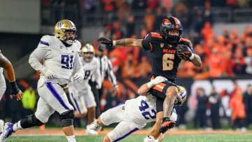 Nov 18, 2023; Corvallis, Oregon, USA; Oregon State Beavers running back Damien Martinez (6) runs the ball during the third quarter against the Washington Huskies at Reser Stadium. Mandatory Credit: Craig Strobeck-USA TODAY Sports