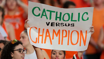 Aug 31, 2025; Miami Gardens, Florida, USA; Miami Hurricanes fans react before the game against the Notre Dame Fighting Irish at Hard Rock Stadium. Mandatory Credit: Sam Navarro-Imagn Images