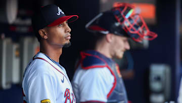 Atlanta Braves starting pitcher Ray Kerr (58) in the dugout before a game against the Washington Nationals at Truist Park.