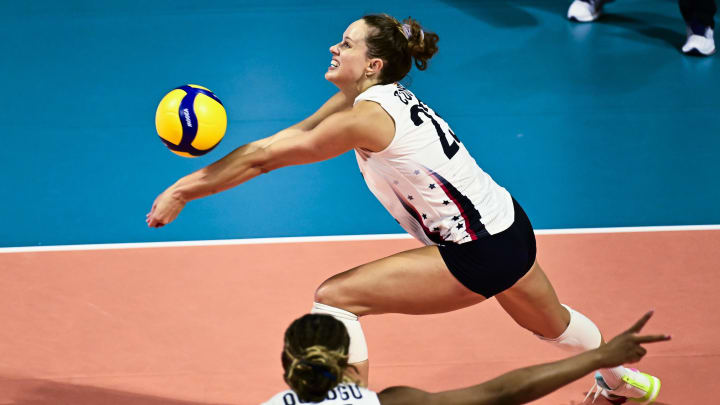 Jul 10, 2024; Long Beach, California, USA; Kelsey Robinson Cook of the USA passes the ball against the Netherlands during the USA Volleyball Cup at The Walter Pyramid. The USA defeated the Netherlands 3 -2 in a tuneup for the upcoming Paris Olympics.