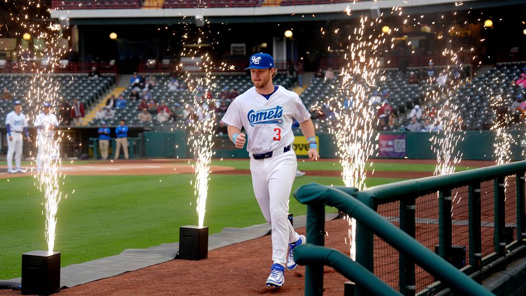 Oklahoma City's James Tibbs III is introduced before a minor league baseball game between the Oklahoma City Comets and the Albuquerque Isotopes at Chickasaw Bricktown Ballpark in Oklahoma City, Friday, March 27, 2026.