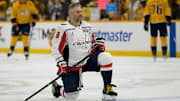 Jan 11, 2025; Nashville, Tennessee, USA;   Washington Capitals left wing Alex Ovechkin (8) warms up before a game against the Nashville Predators at Bridgestone Arena. Mandatory Credit: Steve Roberts-Imagn Images