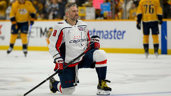 Jan 11, 2025; Nashville, Tennessee, USA;   Washington Capitals left wing Alex Ovechkin (8) warms up before a game against the Nashville Predators at Bridgestone Arena. Mandatory Credit: Steve Roberts-Imagn Images