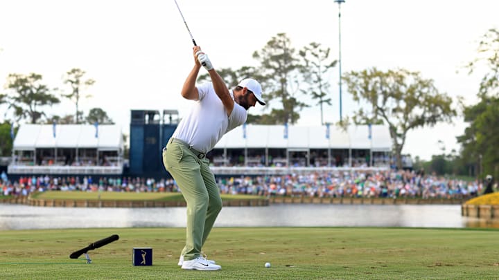 Scottie Scheffler at the 17th hole at TPC Sawgrass in the final round of the 2024 edition of The Players Championship