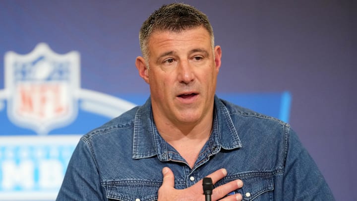 Feb 25, 2026; Indianapolis, IN, USA; New England Patriots coach Mike Vrabel speaks during the NFL Scouting Combine at the Indiana Convention Center. Mandatory Credit: Kirby Lee-Imagn Images