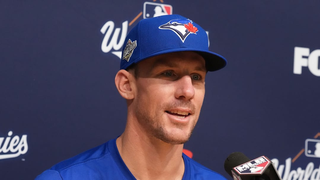 Oct 29, 2025; Los Angeles, California, USA; Toronto Blue Jays pitcher Chris Bassitt (40) speaks in a press conference before game five of the 2025 MLB World Series against the Los Angeles Dodgers at Dodger Stadium. Mandatory Credit: Kirby Lee-Imagn Images