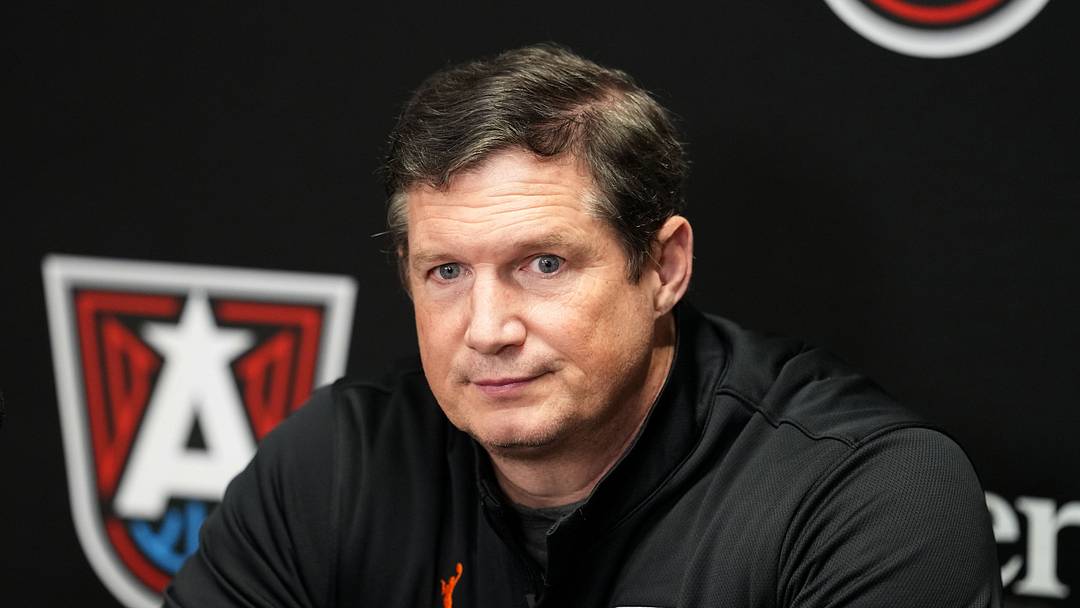Aug 24, 2026; Los Angeles, California, USA; Atlanta Dream head coach Karl Smesko at press conference at Crypto.com Arena. Mandatory Credit: Kirby Lee-Imagn Images