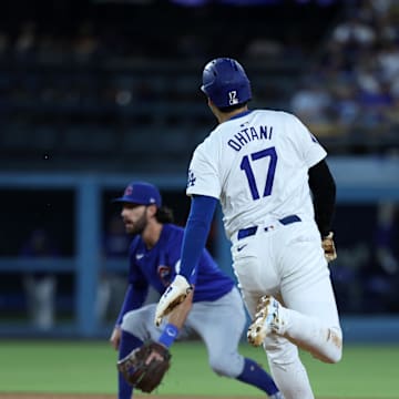 Los Angeles Dodgers designated hitter Shohei Ohtani (17) steals second base during the second inning against the Chicago Cubs at Dodger Stadium on Sept 11.