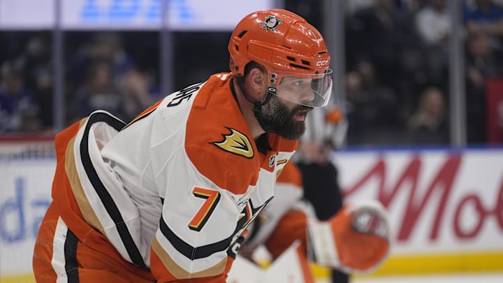 Mar 12, 2026; Toronto, Ontario, CAN; Anaheim Ducks defenseman Radko Gudas (7) gets set for a face off against the Toronto Maple Leafs during the first period at Scotiabank Arena. Mandatory Credit: John E. Sokolowski-Imagn Images