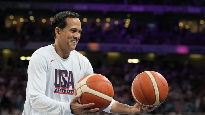 Jul 28, 2024; Villeneuve-d'Ascq, France; USA basketball assistant coach Erik Spoelstra before a game against Serbia during the Paris 2024 Olympic Summer Games at Stade Pierre-Mauroy. Mandatory Credit: John David Mercer-USA TODAY Sports