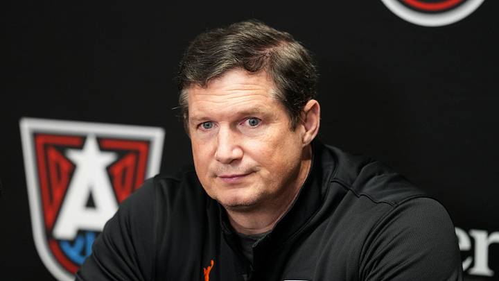 Aug 24, 2026; Los Angeles, California, USA; Atlanta Dream head coach Karl Smesko at press conference at Crypto.com Arena. Mandatory Credit: Kirby Lee-Imagn Images