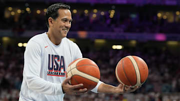 Jul 28, 2024; Villeneuve-d'Ascq, France; USA basketball assistant coach Erik Spoelstra before a game against Serbia during the Paris 2024 Olympic Summer Games at Stade Pierre-Mauroy. Mandatory Credit: John David Mercer-Imagn Images