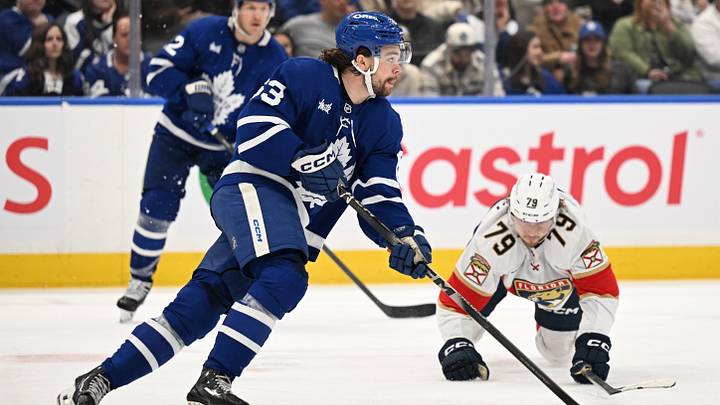 Apr 11, 2026; Toronto, Ontario, CAN; Toronto Maple Leafs forward Matias Maccelli (63) carries the puck past Florida Panthers forward Cole Schwindt (79) in the second period at Scotiabank Arena. Apr 11, 2026; Toronto, Ontario, CAN; Toronto Maple Leafs forward Matias Maccelli (63) carries the puck past Florida Panthers forward Cole Schwindt (79) in the second period at Scotiabank Arena.