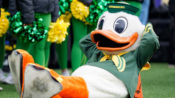 The Duck relaxes on the sidelines as the Oregon Ducks take on the Washington Huskies on Nov. 29, 2025, at Husky Stadium in Seattle, Washington.