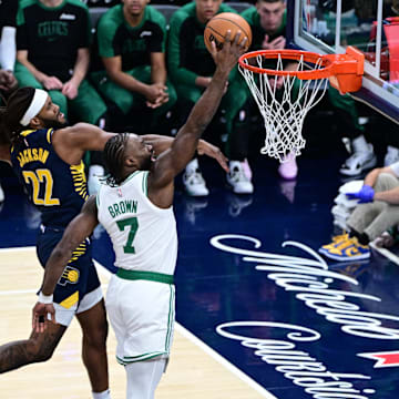 Oct 30, 2024; Indianapolis, Indiana, USA; Boston Celtics guard Jaylen Brown (7) shoots the ball in front of Indiana Pacers forward Isaiah Jackson (22) during the first quarter at Gainbridge Fieldhouse. Mandatory Credit: Marc Lebryk-Imagn Images