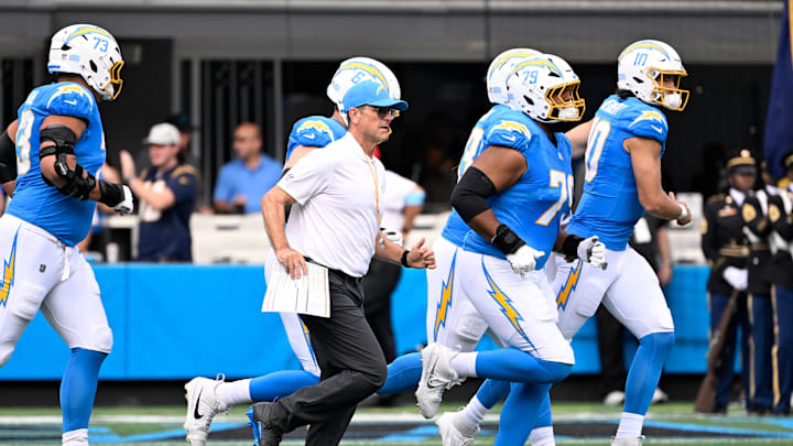 Sep 15, 2024; Charlotte, North Carolina, USA; Los Angeles Chargers head coach Jim Harbaugh  before the game at Bank of America Stadium. Mandatory Credit: Bob Donnan-Imagn Images