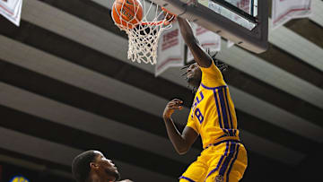 Jan 25, 2025; Tuscaloosa, Alabama, USA; LSU Tigers forward Trey'Dez Green (8) dunks against Alabama Crimson Tide guard Chris Youngblood (8) during the first half at Coleman Coliseum. Mandatory Credit: Will McLelland-Imagn Images