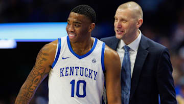 Dec 31, 2024; Lexington, Kentucky, USA; Kentucky Wildcats head coach Mark Pope talks with forward Brandon Garrison (10) during the second half against the Brown Bears at Rupp Arena at Central Bank Center. Mandatory Credit: Jordan Prather-Imagn Images