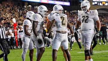 Sep 14, 2024; Fort Worth, Texas, USA; UCF Knights wide receiver Kobe Hudson (2) celebrates after catching the game winning touchdown during the fourth quarter against the TCU Horned Frogs at Amon G. Carter Stadium. Mandatory Credit: Andrew Dieb-Imagn Images