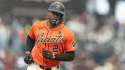 Jul 26, 2024; San Francisco, California, USA;  San Francisco Giants designated hitter Jorge Soler (2) jogs the bases after hitting a solo home run during the first inning against the Colorado Rockies at Oracle Park.