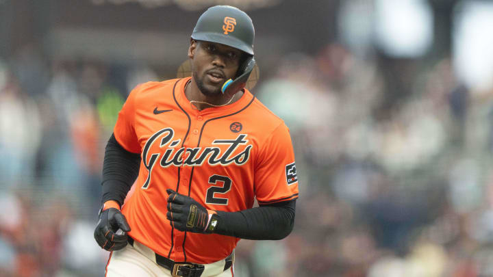 Jul 26, 2024; San Francisco, California, USA;  San Francisco Giants designated hitter Jorge Soler (2) jogs the bases after hitting a solo home run during the first inning against the Colorado Rockies at Oracle Park