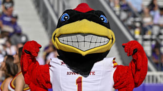 Nov 8, 2025; Fort Worth, Texas, USA;  The Iowa State Cyclones mascot poses for a photo during the game against the TCU Horned Frogs at Amon G. Carter Stadium. 