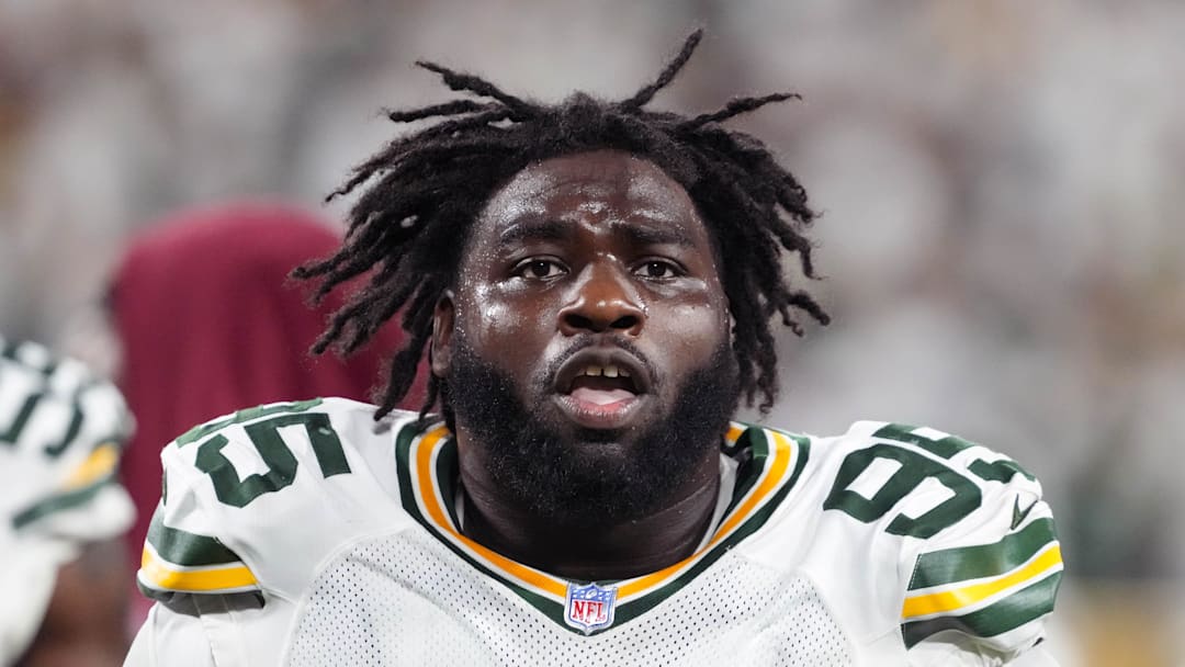 Sep 11, 2025; Green Bay, Wisconsin, USA;  Green Bay Packers defensive lineman Devonte Wyatt (95) during the game against the Washington Commanders at Lambeau Field. Mandatory Credit: Jeff Hanisch-Imagn Images