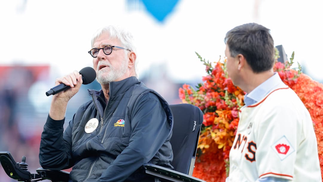 Jun 24, 2024; San Francisco, California, USA; Mike Krukow speaks during a tribute to Willie Mays before the game between the San Francisco Giants and the Chicago Cubs at Oracle Park. Mandatory Credit: Sergio Estrada-Imagn Images