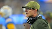 Nov 9, 2025; Inglewood, California, USA; Los Angeles Chargers head coach Jim Harbaugh looks on during the third quarter of the game against the Pittsburgh Steelers at SoFi Stadium. Mandatory Credit: Jayne Kamin-Oncea-Imagn Images