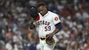 Sep 2, 2025; Houston, Texas, USA; Houston Astros starting pitcher Framber Valdez (59) walks off the mound after pitching during the second inning against the New York Yankees at Daikin Park. Mandatory Credit: Troy Taormina-Imagn Images
