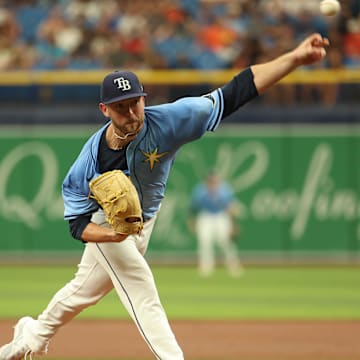 Aug 11, 2024; St. Petersburg, Florida, USA;  Tampa Bay Rays starting pitcher Jeffrey Springs (59) throws a pitch against the Baltimore Orioles during the second inning at Tropicana Field.