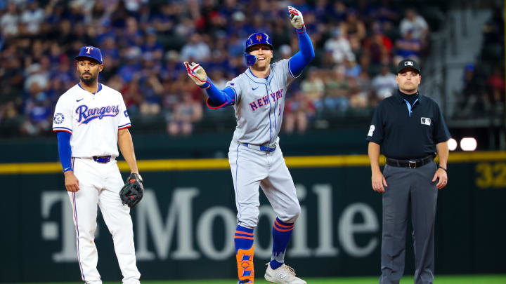 Jun 19, 2024; Arlington, Texas, USA; New York Mets left fielder Brandon Nimmo (9) reacts after hitting a double during the fourth inning against the Texas Rangers at Globe Life Field. Mandatory Credit: Kevin Jairaj-USA TODAY Sports