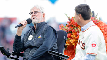 Jun 24, 2024; San Francisco, California, USA; Mike Krukow speaks during a tribute to Willie Mays before the game between the San Francisco Giants and the Chicago Cubs at Oracle Park. Mandatory Credit: Sergio Estrada-Imagn Images