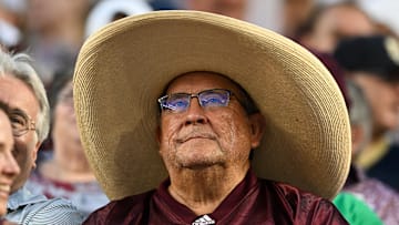 Aug 31, 2024; College Station, Texas, USA; A Texas A&M Aggies fan looks on during the game between the Texas A&M Aggies and the Notre Dame Fighting Irish at Kyle Field. Mandatory Credit: Maria Lysaker-Imagn Images