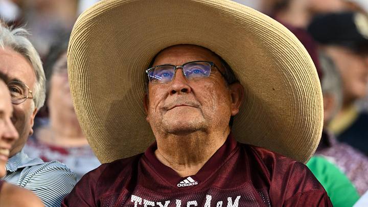 Aug 31, 2024; College Station, Texas, USA; A Texas A&M Aggies fan looks on during the game between the Texas A&M Aggies and the Notre Dame Fighting Irish at Kyle Field. Mandatory Credit: Maria Lysaker-Imagn Images