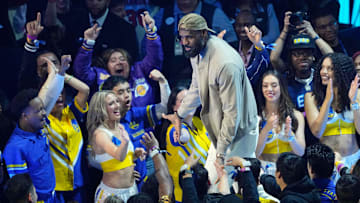 Feb 16, 2025; San Francisco, CA, USA; Shaqís OGs forward LeBron James (23) of the Los Angeles Lakers during player introductions before the 2025 NBA All Star Game at Chase Center. Mandatory Credit: Darren Yamashita-Imagn Images