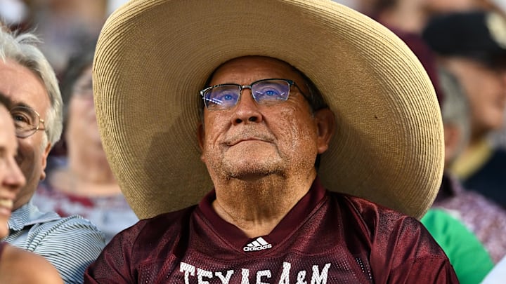 Aug 31, 2024; College Station, Texas, USA; A Texas A&M Aggies fan looks on during the game between the Texas A&M Aggies and the Notre Dame Fighting Irish at Kyle Field. Mandatory Credit: Maria Lysaker-Imagn Images