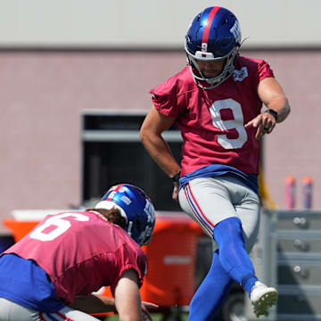 Jul 26, 2024; East Rutherford, NJ, USA; New York Giants kicker Graham Gano (9) attempts a field goal during training camp at Quest Diagnostics Training Center.  