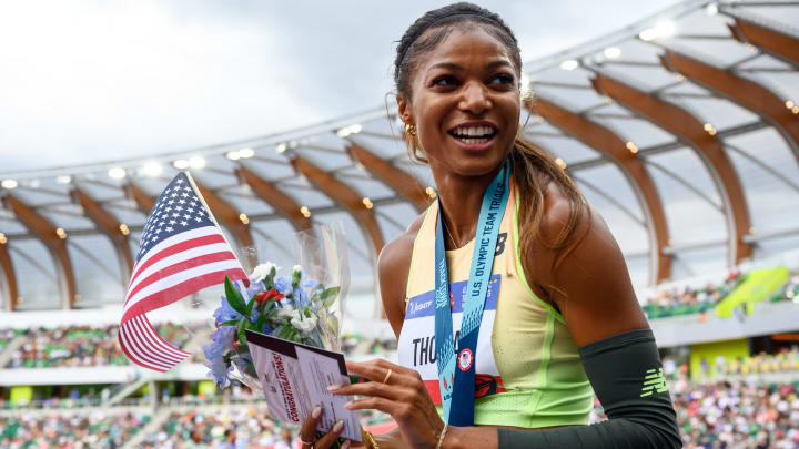 Jun 29, 2024; Eugene, OR, USA; Gabby Thomas celebrates her win in the women’s 200 meter final during the US Olympic Track and Field Team Trials. 