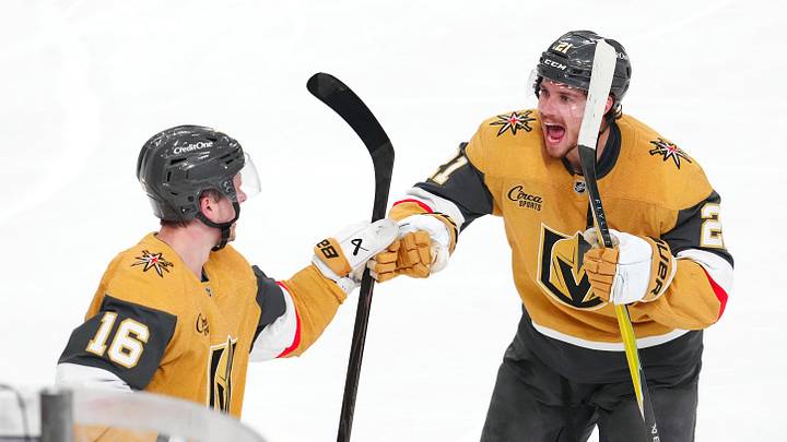 May 12, 2026; Las Vegas, Nevada, USA; Vegas Golden Knights right wing Pavel Dorofeyev (16) celebrates with center Brett Howden (21) after scoring a goal against the Anaheim Ducks during an overtime period to give the Golden Knights a 3-2 victory in game five of the second round of the 2026 Stanley Cup Playoffs at T-Mobile Arena. Mandatory Credit: Stephen R. Sylvanie-Imagn Images