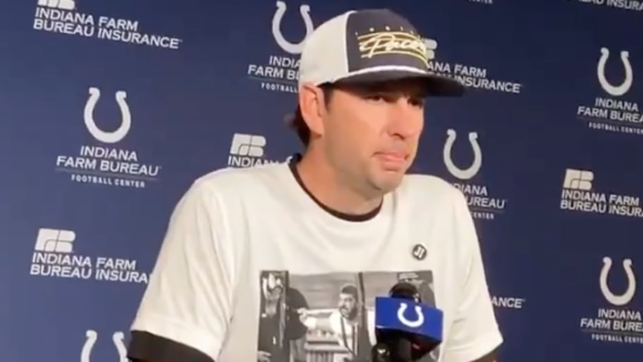 An emotional Steichen began his news conference by offering his condolences to the Irsay family.  | Screengrab Twitter @mchappell51