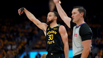 May 2, 2025; San Francisco, California, USA; Golden State Warriors guard Stephen Curry (30) reacts after making a three-point basket against the Houston Rockets in the third quarter of game six of the first round for the 2025 NBA Playoffs at Chase Center. Mandatory Credit: Cary Edmondson-Imagn Images