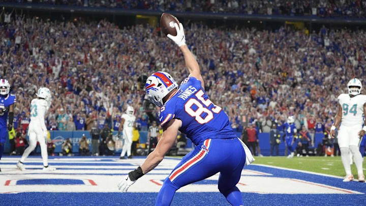 Sep 18, 2025; Orchard Park, New York, USA; Buffalo Bills tight end Jackson Hawes (85) celebrates scoring a touchdown against the Miami Dolphins in the second quarter at Highmark Stadium. Mandatory Credit: Gregory Fisher-Imagn Images