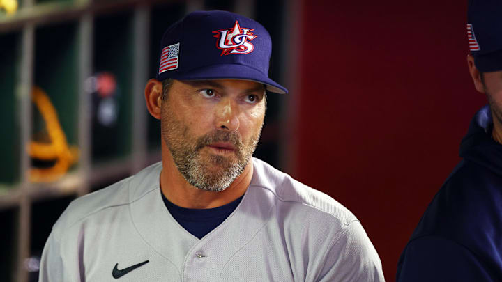 Mar 15, 2023; Phoenix, Arizona, USA; USA manager Mark DeRosa against Colombia during the World Baseball Classic at Chase Field. Mandatory Credit: Mark J. Rebilas-USA TODAY Sports