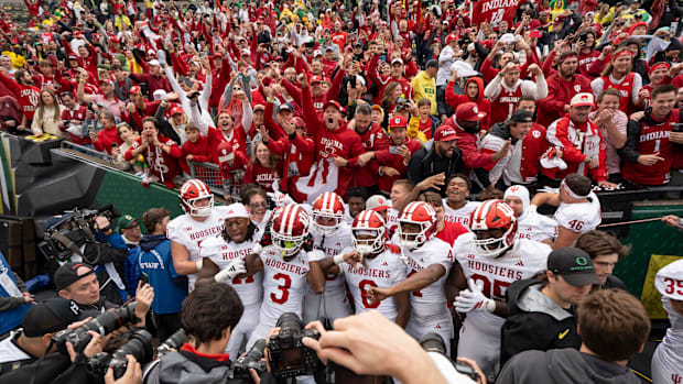Indiana players cheer after defeating the Oregon Ducks Oct. 11, 2025, at Autzen Stadium in Eugene, Oregon.