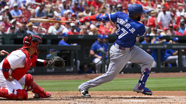 Jun 11, 2025; St. Louis, Missouri, USA; Toronto Blue Jays first baseman Vladimir Guerrero Jr. (27) bats against the St. Louis Cardinals during the third inning at Busch Stadium. Jun 11, 2025; St. Louis, Missouri, USA; Toronto Blue Jays first baseman Vladimir Guerrero Jr. (27) bats against the St. Louis Cardinals during the third inning at Busch Stadium.