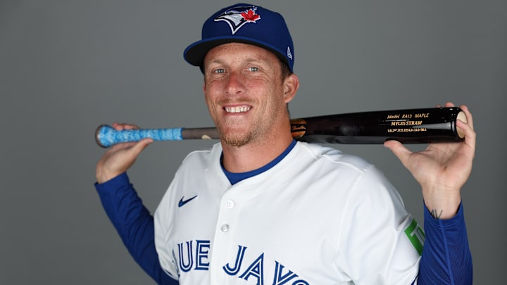 Feb 21, 2025; Dunedin, FL, USA; Toronto Blue Jays outfielder Myles Straw (3) participates in media day at the Blue Jays Player Development Complex. Mandatory Credit: Nathan Ray Seebeck-Imagn Images